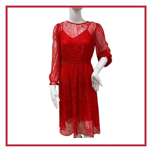 BANANA Republic Red Lace 2 Layered Long Sleeve Dress Size XS - Picture 1 of 12